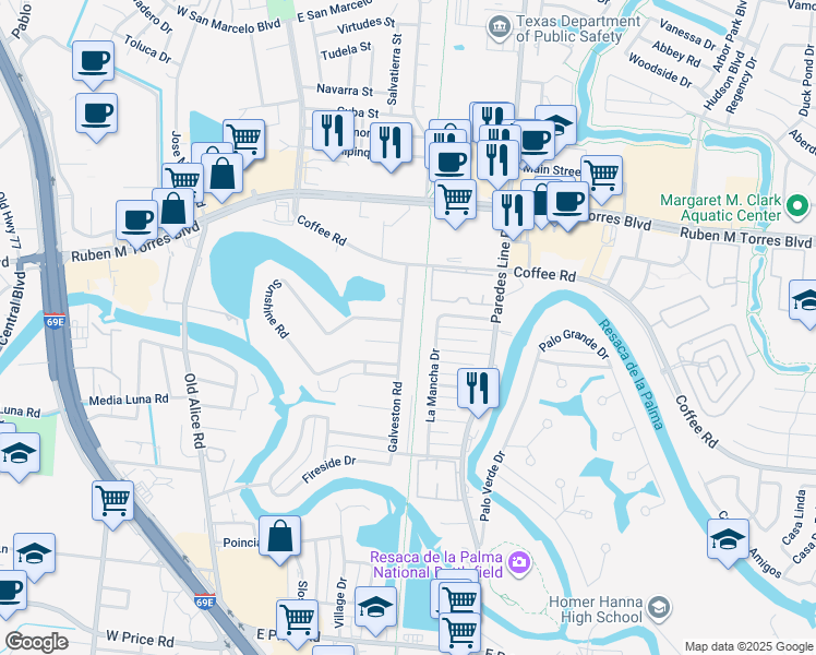 map of restaurants, bars, coffee shops, grocery stores, and more near 514 Galveston Road in Brownsville