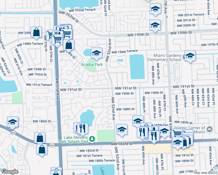 map of restaurants, bars, coffee shops, grocery stores, and more near 19101 Northwest 52nd Avenue in Miami Gardens