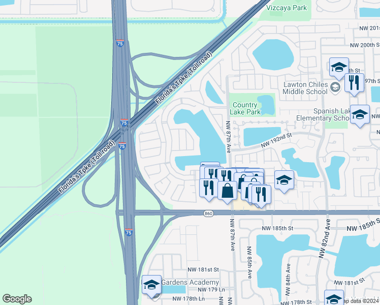 map of restaurants, bars, coffee shops, grocery stores, and more near 8850 Northwest 191st Street in Hialeah