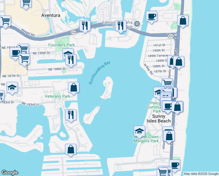 map of restaurants, bars, coffee shops, grocery stores, and more near 5000 Island Estates Drive in Aventura