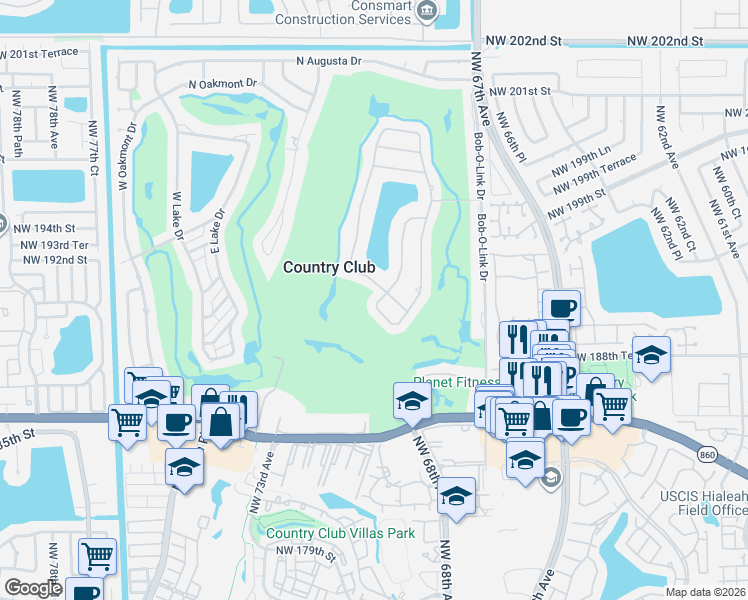 map of restaurants, bars, coffee shops, grocery stores, and more near 19100 South Saint Andrews Drive in Hialeah