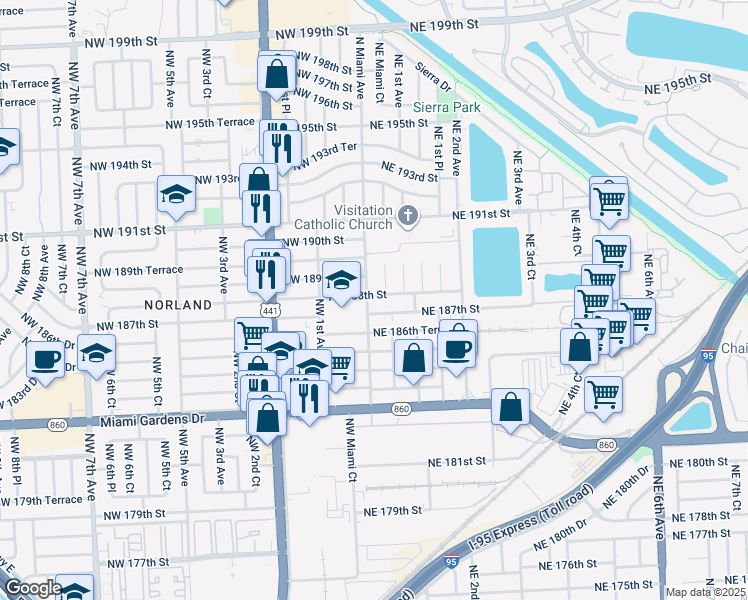 map of restaurants, bars, coffee shops, grocery stores, and more near 12 Northeast 188th Street in Miami