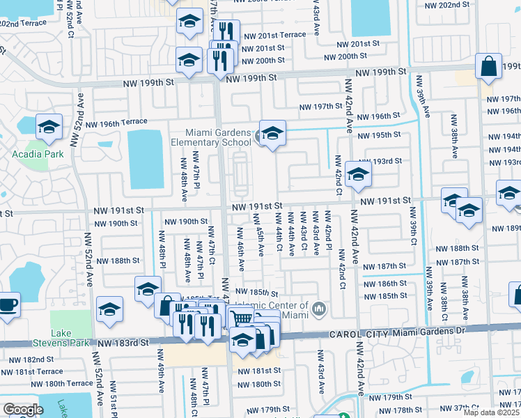 map of restaurants, bars, coffee shops, grocery stores, and more near 19069 Northwest 191st Street in Miami Gardens