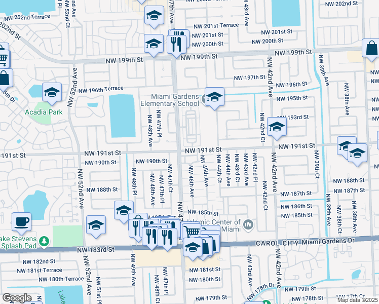 map of restaurants, bars, coffee shops, grocery stores, and more near 4532 Northwest 191st Street in Miami Gardens