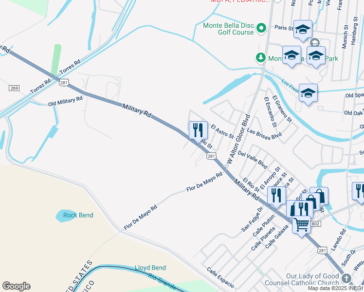 map of restaurants, bars, coffee shops, grocery stores, and more near 2207 U.S. 281 in Brownsville