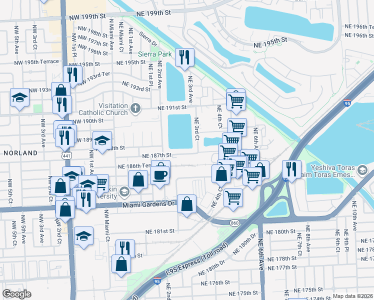 map of restaurants, bars, coffee shops, grocery stores, and more near 602 Northeast 3rd Court in Miami