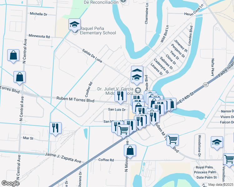 map of restaurants, bars, coffee shops, grocery stores, and more near 114 San Francisco Dr in Brownsville