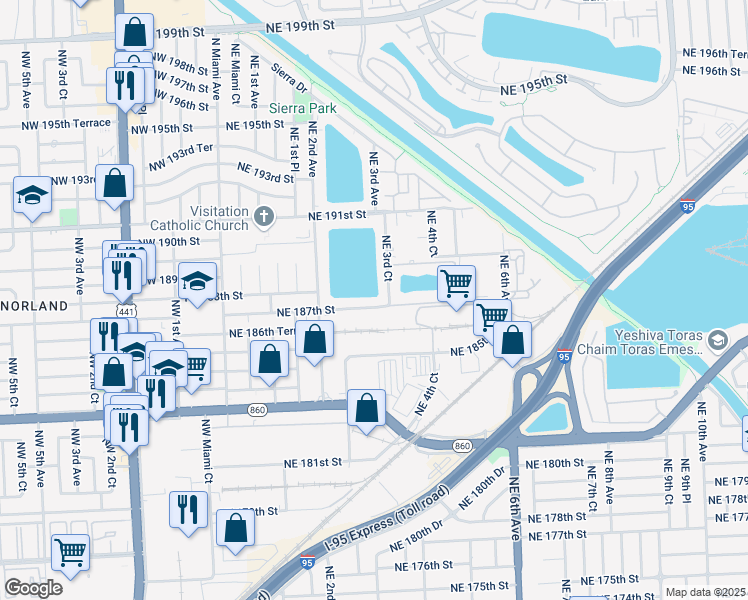 map of restaurants, bars, coffee shops, grocery stores, and more near 335 Northeast 187th Street in Miami