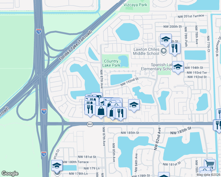 map of restaurants, bars, coffee shops, grocery stores, and more near 8571 Northwest 191st Street in Hialeah