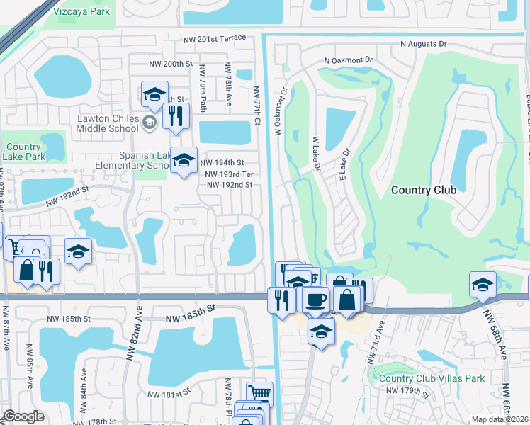 map of restaurants, bars, coffee shops, grocery stores, and more near 18941 Northwest 77th Court in Hialeah