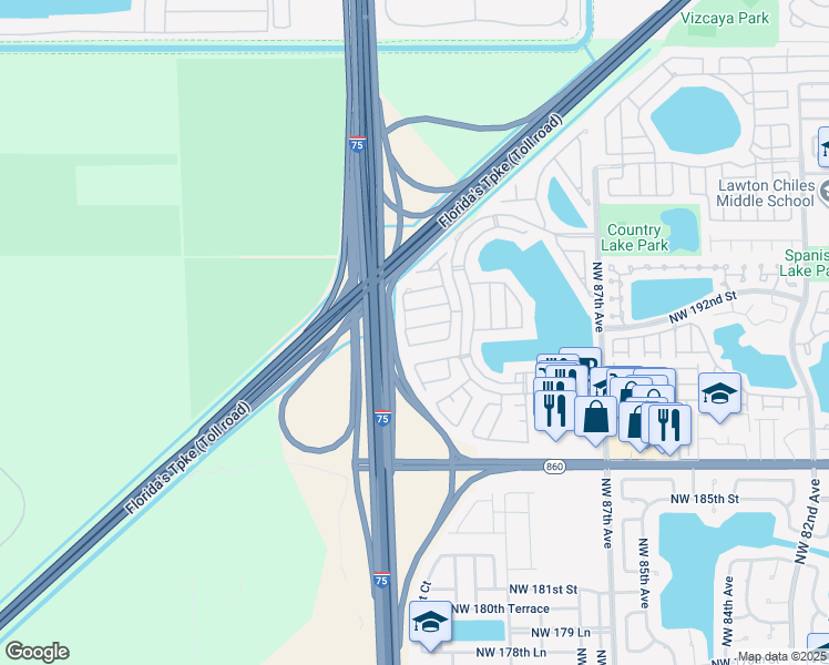 map of restaurants, bars, coffee shops, grocery stores, and more near 19146 Northwest 91st Court in Hialeah