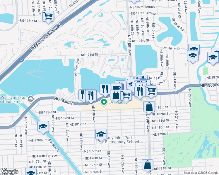 map of restaurants, bars, coffee shops, grocery stores, and more near 1615 Northeast Miami Gardens Drive in Miami