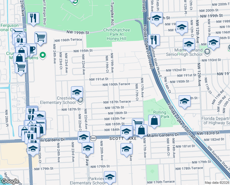 map of restaurants, bars, coffee shops, grocery stores, and more near 18901 Northwest 19th Avenue in Miami Gardens