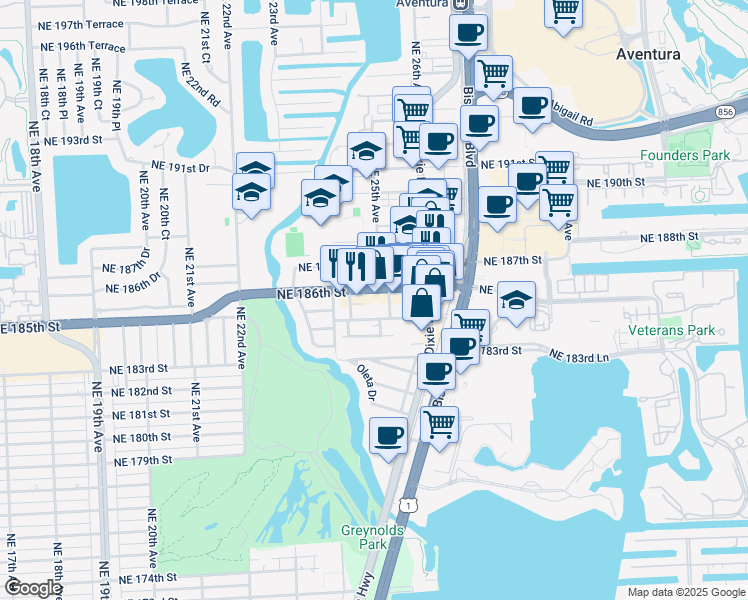 map of restaurants, bars, coffee shops, grocery stores, and more near 2450 Northeast 186th Street in North Miami Beach