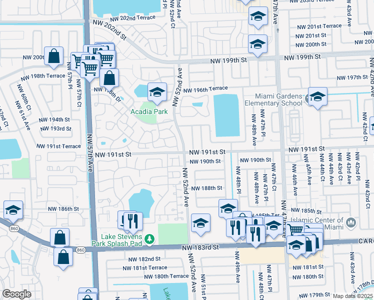 map of restaurants, bars, coffee shops, grocery stores, and more near 19101 Northwest 52nd Avenue in Miami Gardens