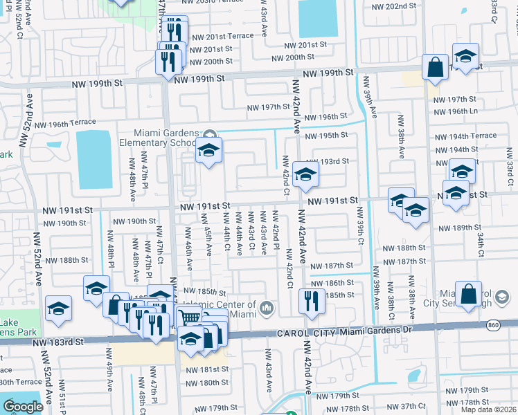 map of restaurants, bars, coffee shops, grocery stores, and more near 19030 Northwest 43rd Avenue in Miami Gardens