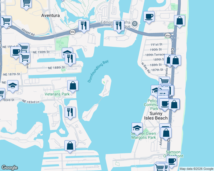 map of restaurants, bars, coffee shops, grocery stores, and more near 5500 Island Estates Drive in Aventura