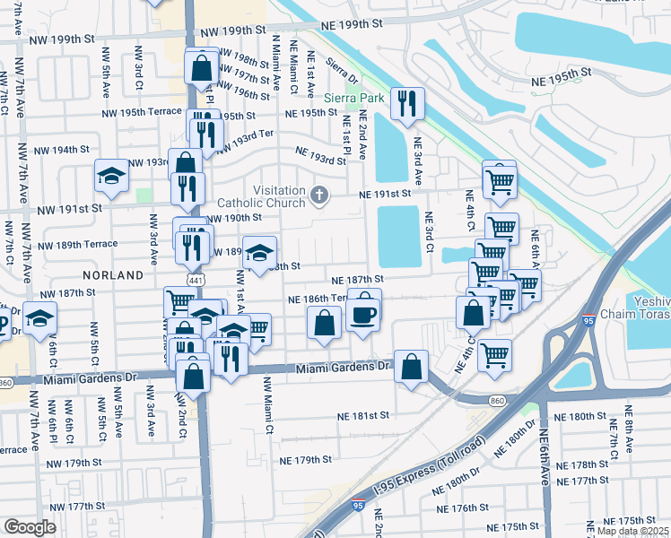 map of restaurants, bars, coffee shops, grocery stores, and more near 120 Northeast 188th Street in Miami