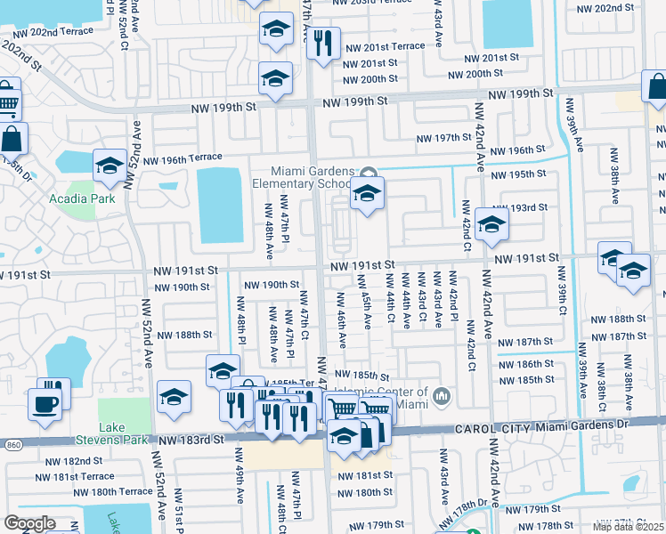 map of restaurants, bars, coffee shops, grocery stores, and more near 4532 Northwest 191st Street in Miami Gardens