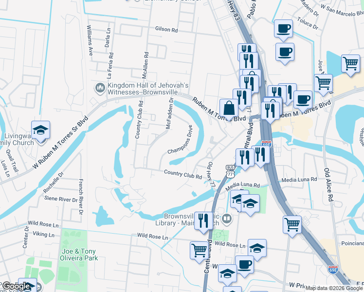 map of restaurants, bars, coffee shops, grocery stores, and more near 440 Champions Drive in Brownsville
