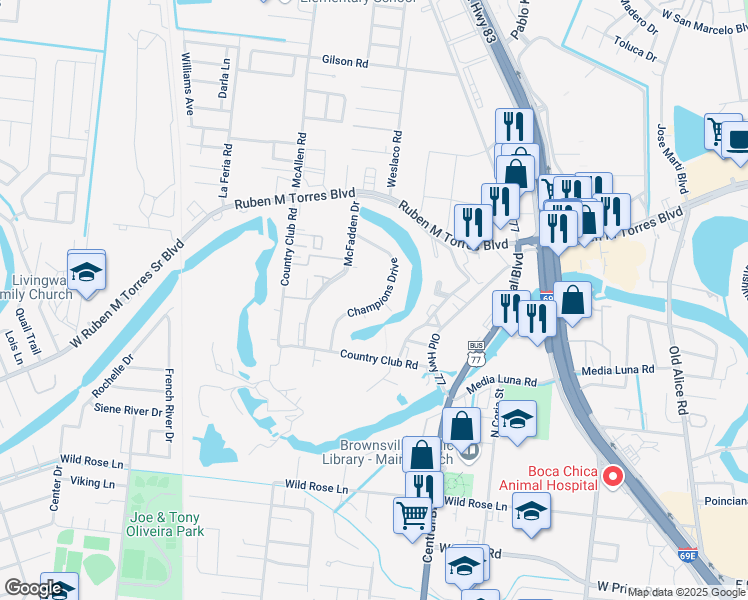 map of restaurants, bars, coffee shops, grocery stores, and more near 428 Champions Drive in Brownsville