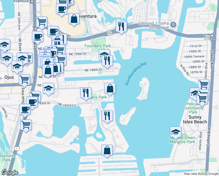 map of restaurants, bars, coffee shops, grocery stores, and more near 3255 Northeast 184th Street in North Miami Beach