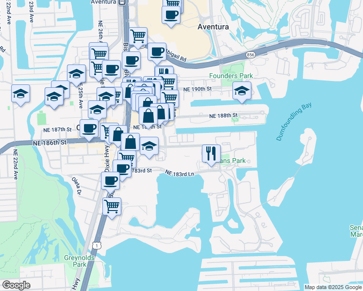 map of restaurants, bars, coffee shops, grocery stores, and more near 2104 Northeast 185th Street in Aventura