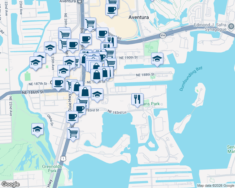 map of restaurants, bars, coffee shops, grocery stores, and more near 2104 Northeast 185th Street in Aventura