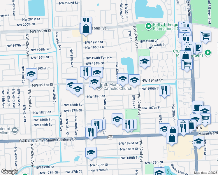 map of restaurants, bars, coffee shops, grocery stores, and more near 18940 Northwest 33rd Place in Miami Gardens