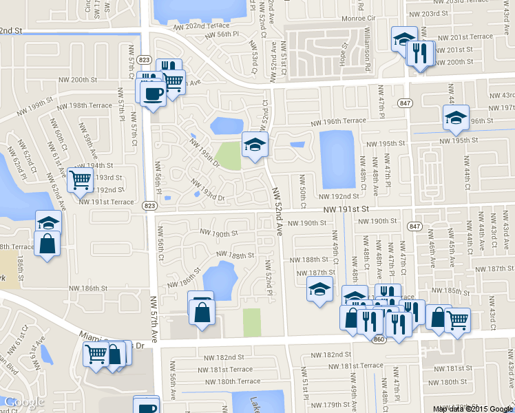 map of restaurants, bars, coffee shops, grocery stores, and more near 5254 Northwest 192nd Lane in Miami Gardens