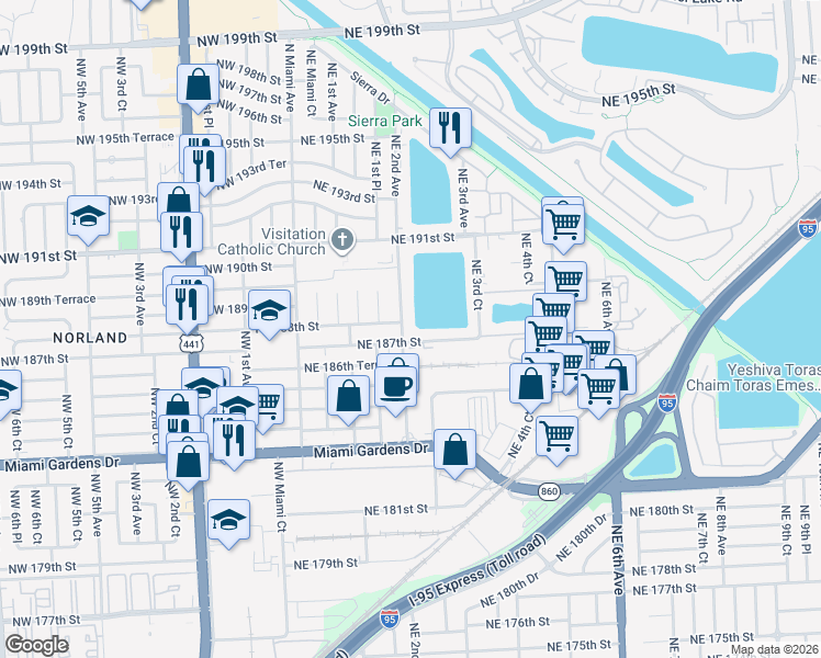 map of restaurants, bars, coffee shops, grocery stores, and more near 166 Northeast 188th Street in Miami