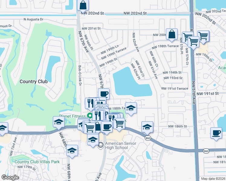 map of restaurants, bars, coffee shops, grocery stores, and more near 19121 Northwest 64th Court in Hialeah