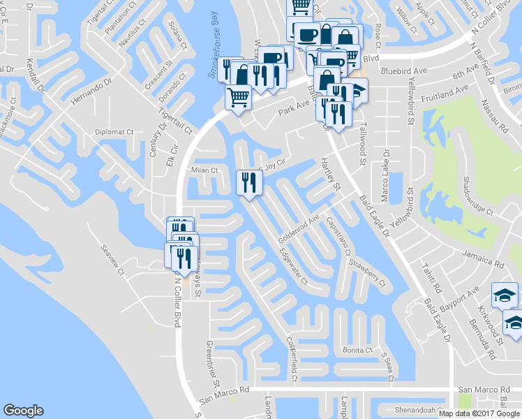 map of restaurants, bars, coffee shops, grocery stores, and more near 401 Edgewater Court in Marco Island