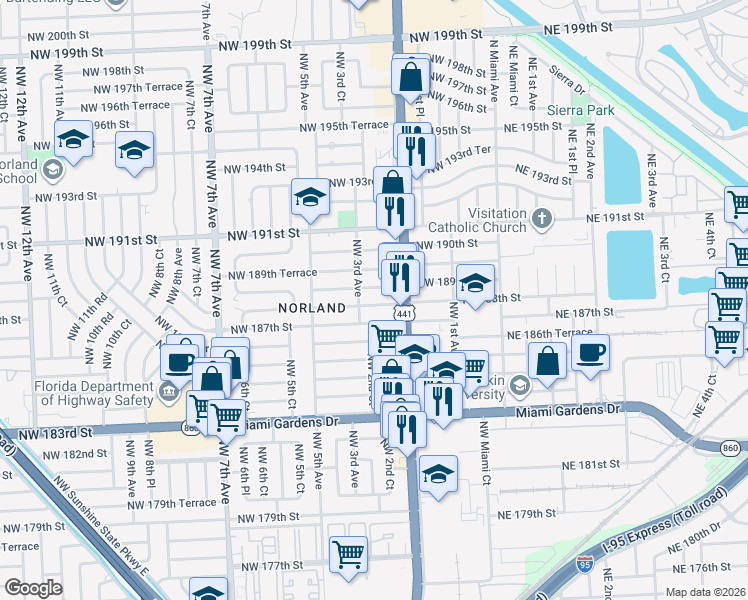 map of restaurants, bars, coffee shops, grocery stores, and more near 255 Northwest 188th Street in Miami
