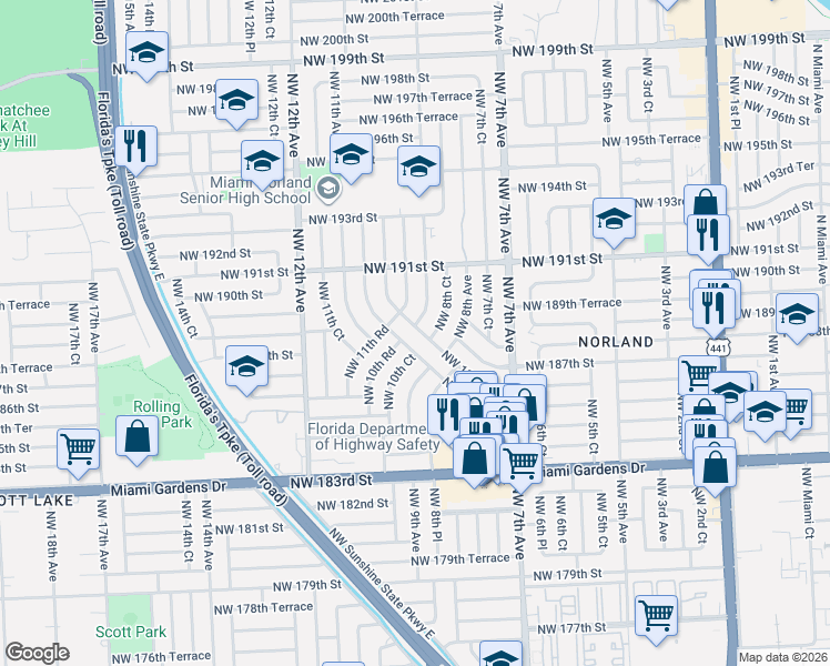 map of restaurants, bars, coffee shops, grocery stores, and more near 850 Northwest 186th Drive in Miami