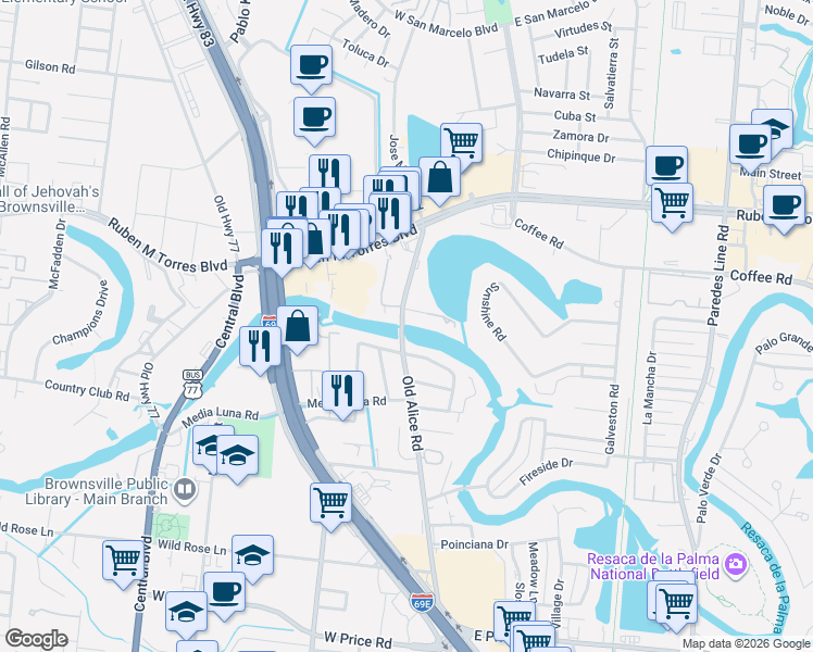 map of restaurants, bars, coffee shops, grocery stores, and more near 7 Langan Court in Brownsville