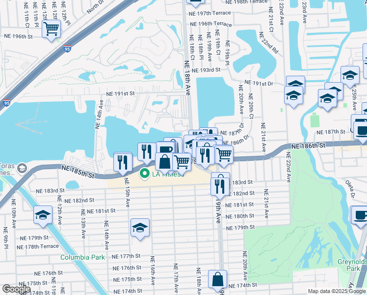 map of restaurants, bars, coffee shops, grocery stores, and more near 18558 Northeast 18th Avenue in North Miami Beach
