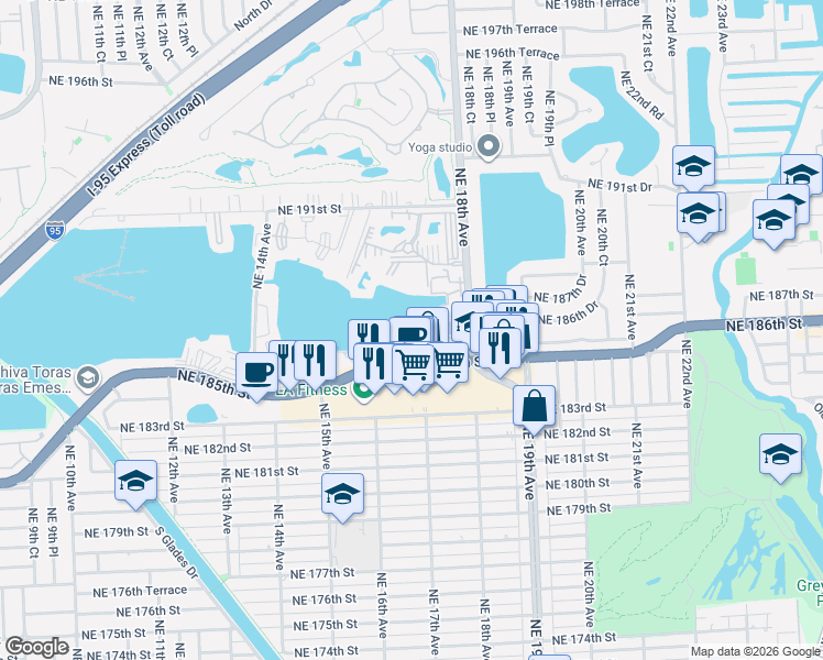 map of restaurants, bars, coffee shops, grocery stores, and more near 1671 Northeast Miami Gardens Drive in Miami