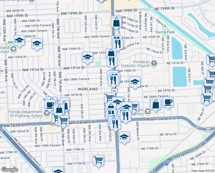 map of restaurants, bars, coffee shops, grocery stores, and more near 255 Northwest 188th Street in Miami