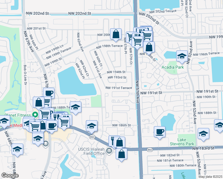 map of restaurants, bars, coffee shops, grocery stores, and more near 5940 Northwest 191st Terrace in Hialeah