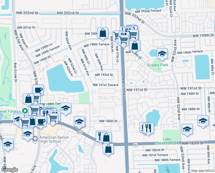 map of restaurants, bars, coffee shops, grocery stores, and more near 5850 Northwest 191st Terrace in Miami Gardens