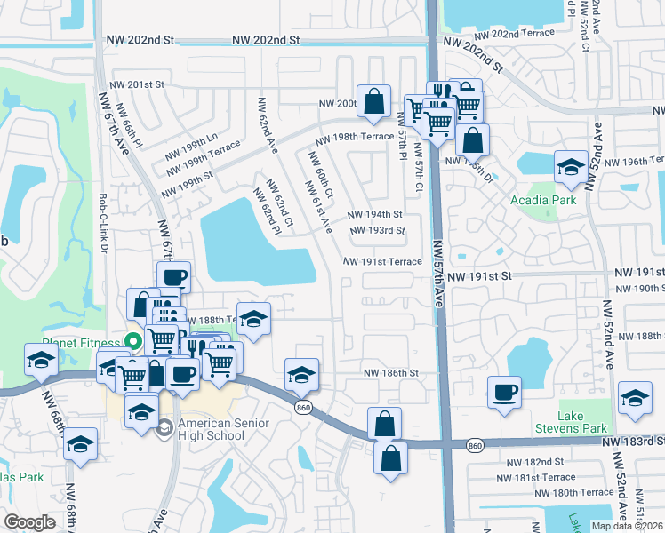 map of restaurants, bars, coffee shops, grocery stores, and more near 19121 Northwest 62nd Avenue in Hialeah
