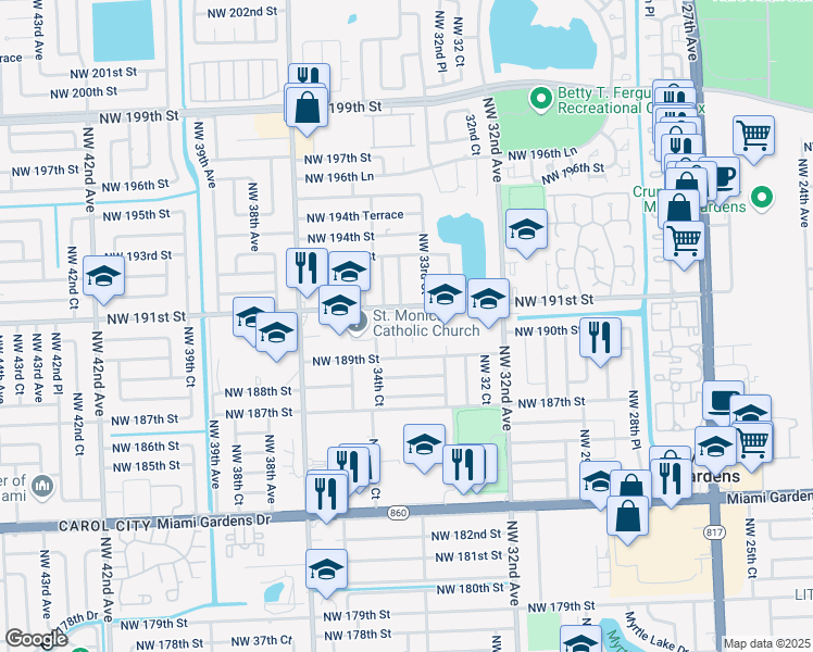 map of restaurants, bars, coffee shops, grocery stores, and more near 18940 Northwest 33rd Place in Miami Gardens