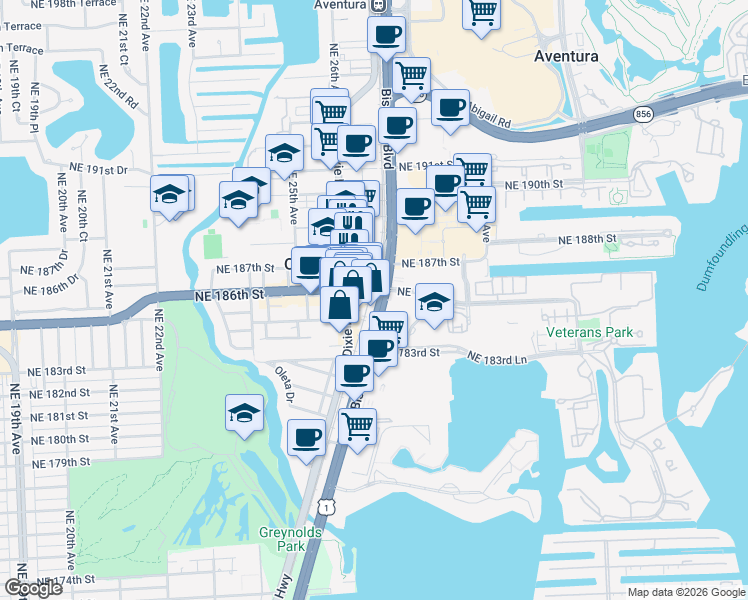 map of restaurants, bars, coffee shops, grocery stores, and more near 18541 West Dixie Highway in Miami