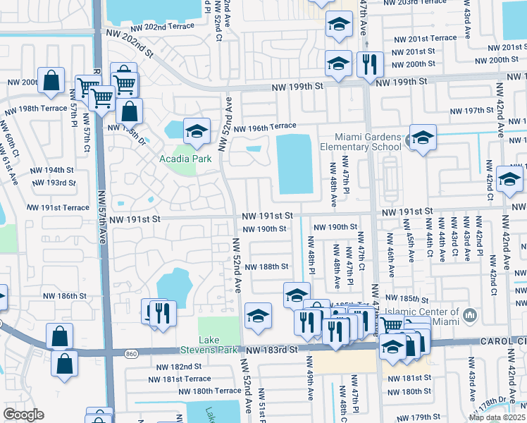map of restaurants, bars, coffee shops, grocery stores, and more near 5021 Northwest 191st Street in Miami Gardens