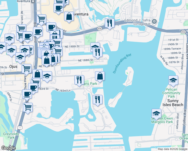 map of restaurants, bars, coffee shops, grocery stores, and more near 3215 Northeast 184th Street in Aventura