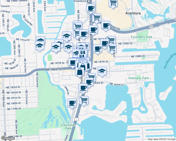map of restaurants, bars, coffee shops, grocery stores, and more near 18541 West Dixie Highway in Miami