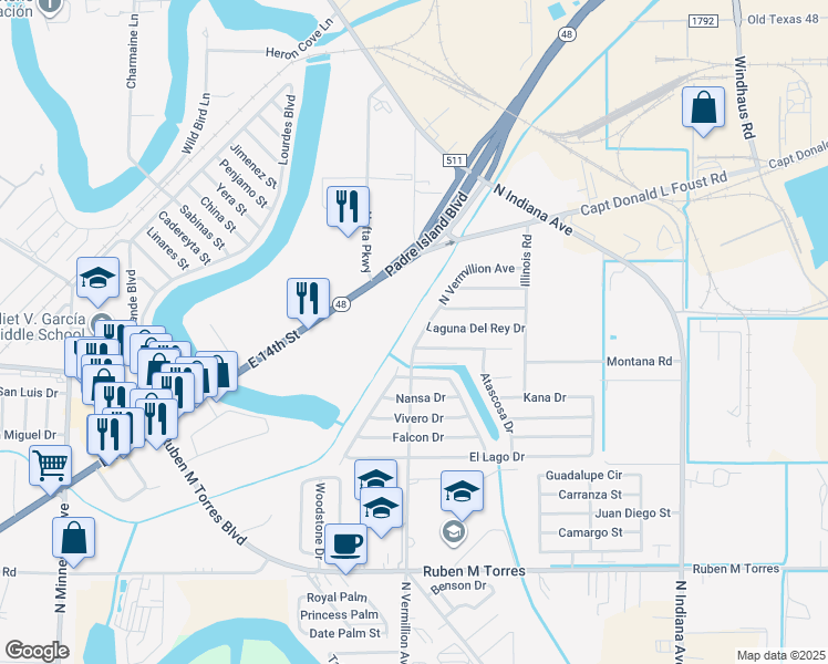 map of restaurants, bars, coffee shops, grocery stores, and more near 2583 North Vermillion Avenue in Brownsville