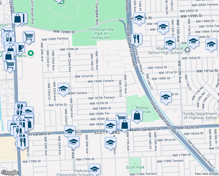 map of restaurants, bars, coffee shops, grocery stores, and more near 1810 Northwest 189th Terrace in Miami Gardens