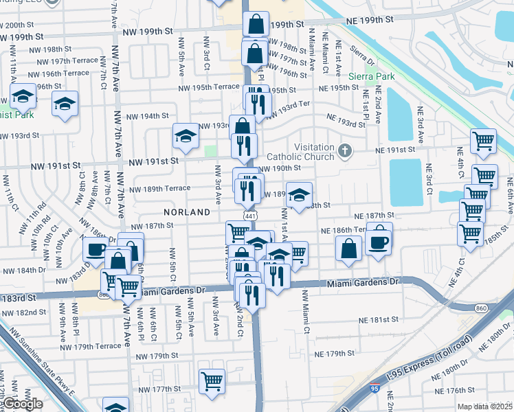 map of restaurants, bars, coffee shops, grocery stores, and more near 441 Northeast 188th Street in Miami Gardens